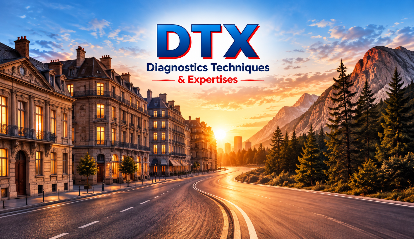 DTX — rue et montagnes au coucher du soleil
